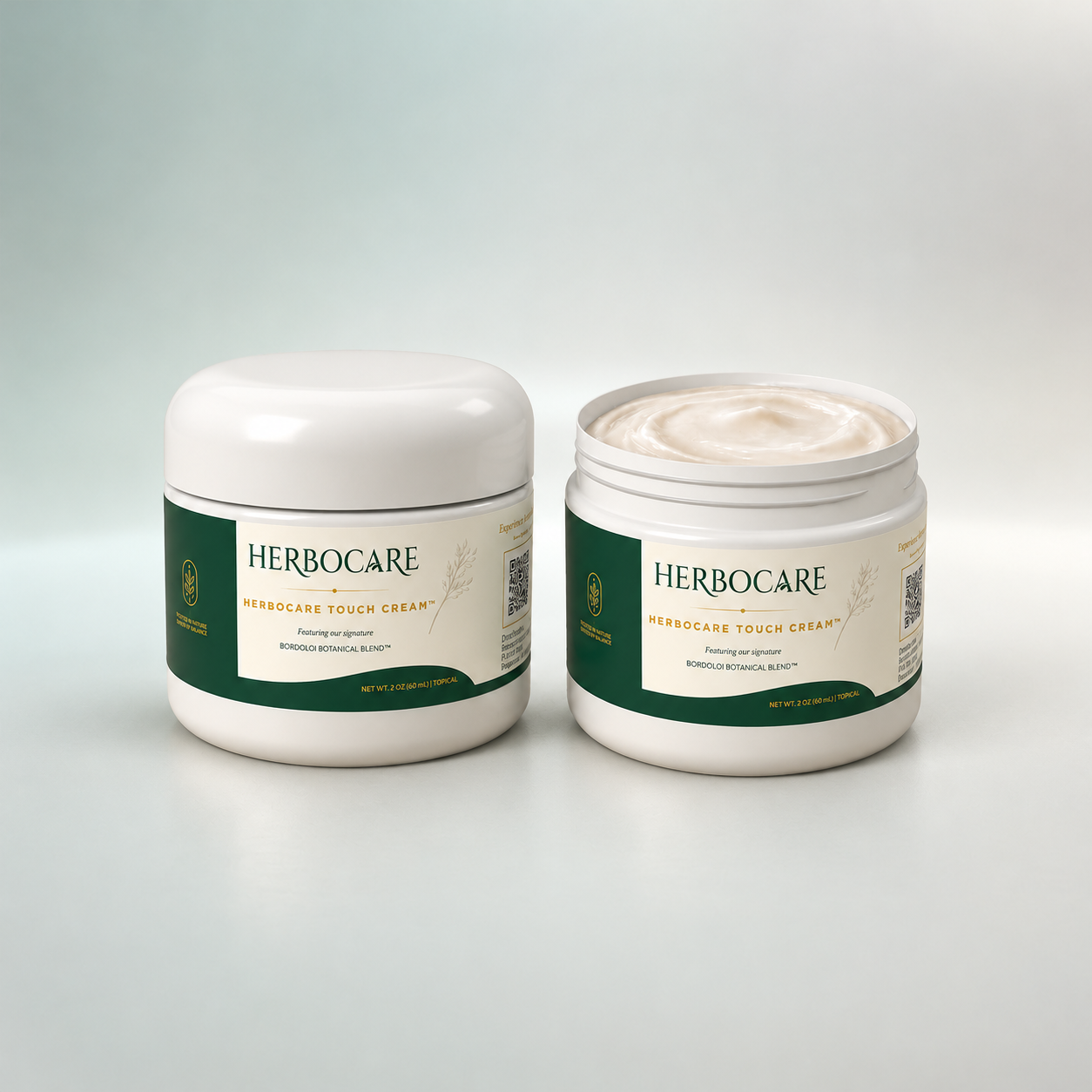 Herbocare Touch Cream jars, with one jar open